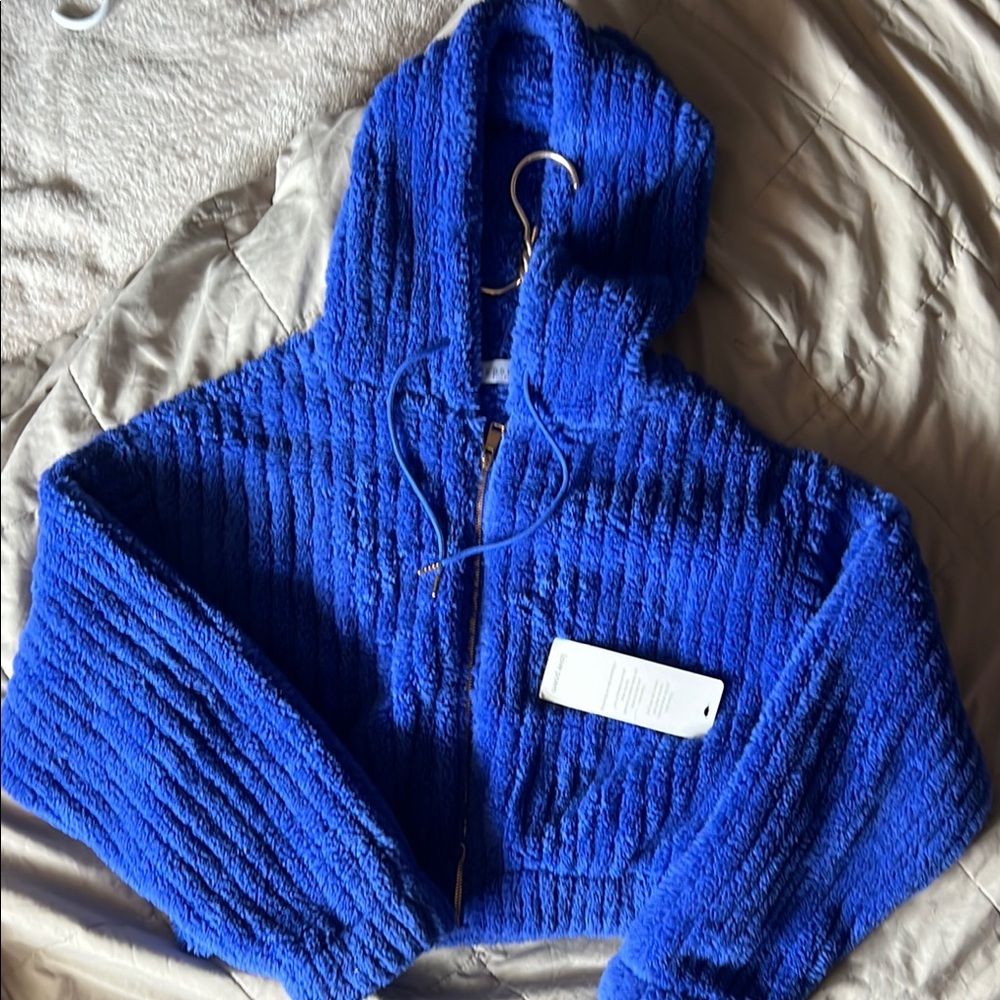 Rich Blue Fuzzy Hooded Zip-Up Sweater Love Poem NWT